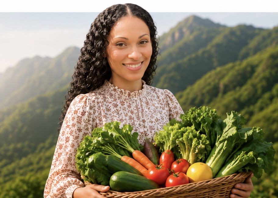 Mulher sorridente segurando um cesto de vegetais frescos, com montanhas verdes ao fundo