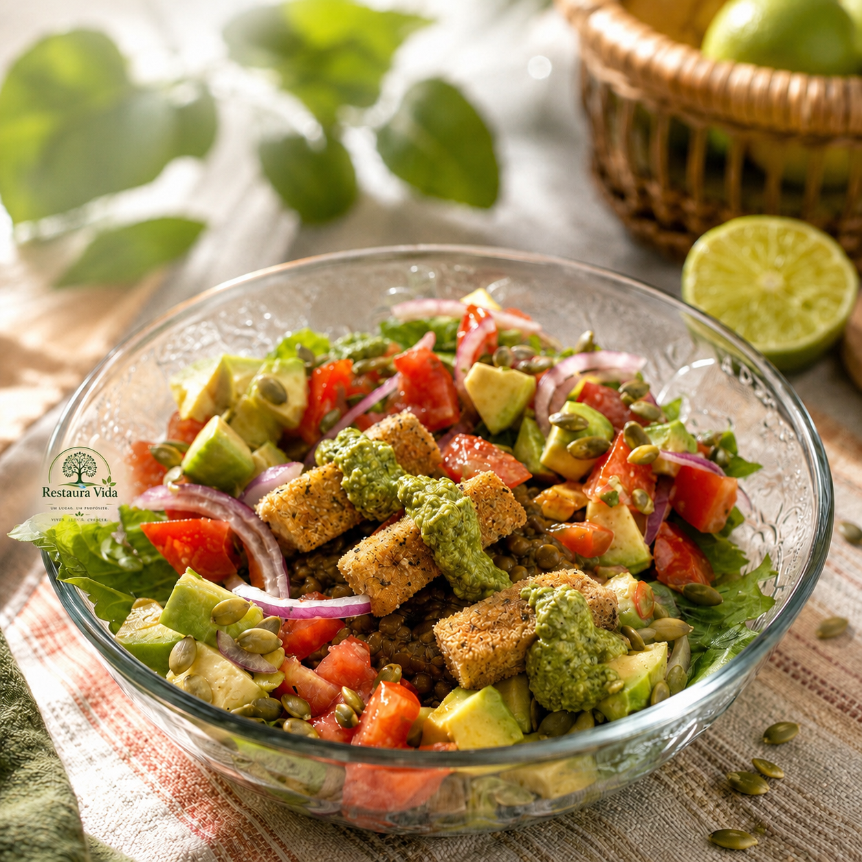 Tigela de salada colorida com legumes frescos, lentilhas e tofu